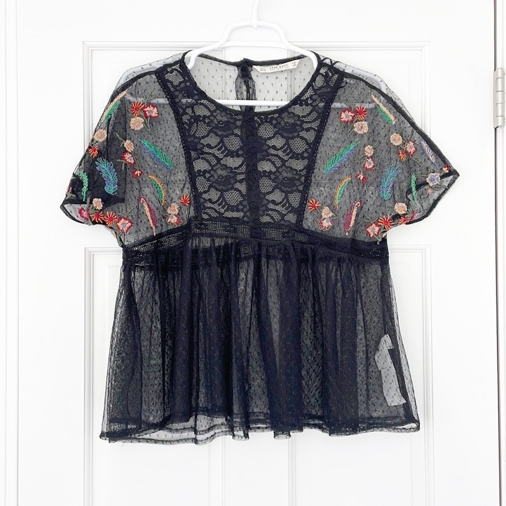 ZARA BASIC COLLECTION top size S black mesh shortsleeve embroidered babydoll